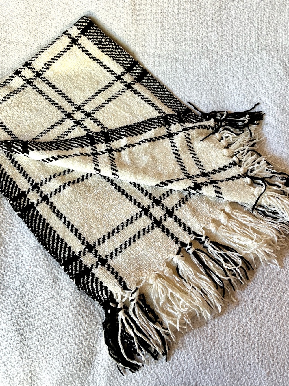 Charter Club Black & Cream Plaid Fringe Wrap Scarf